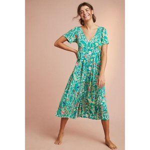 EUC Anthropologie Lightweight Green Floral Jumpsuit with Flowing Pant Legs XL